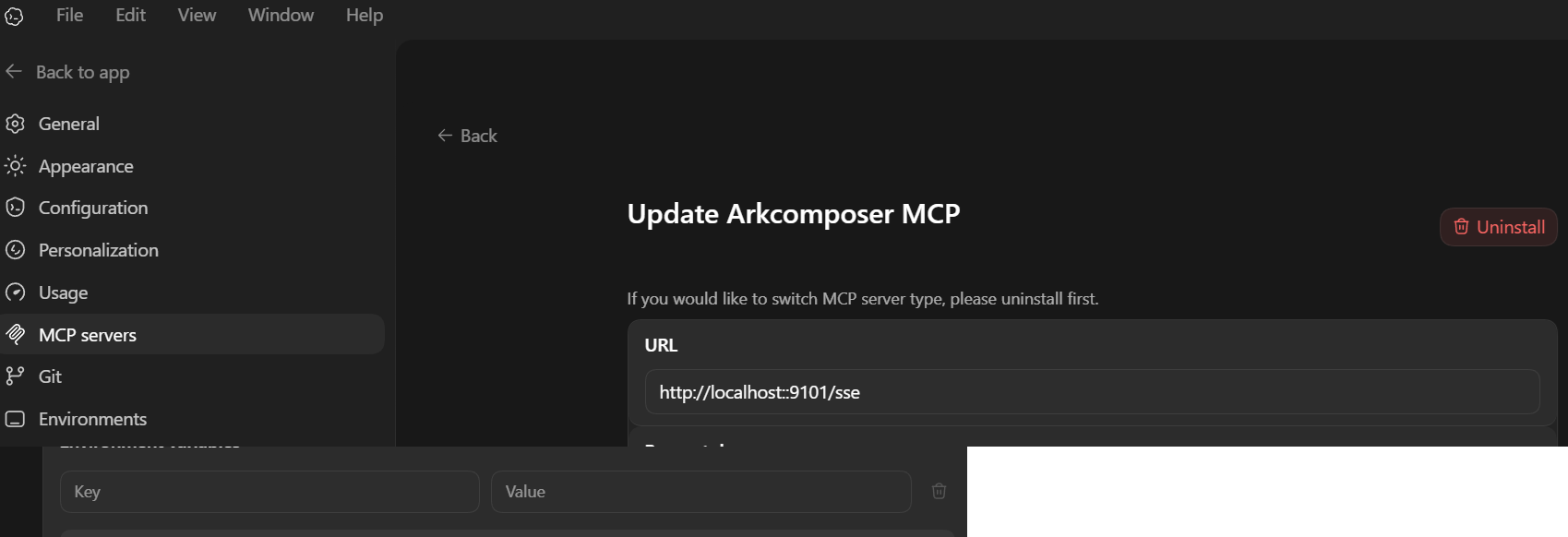 Codex app MCP server settings using the HTTP SSE URL http://localhost:9101/sse