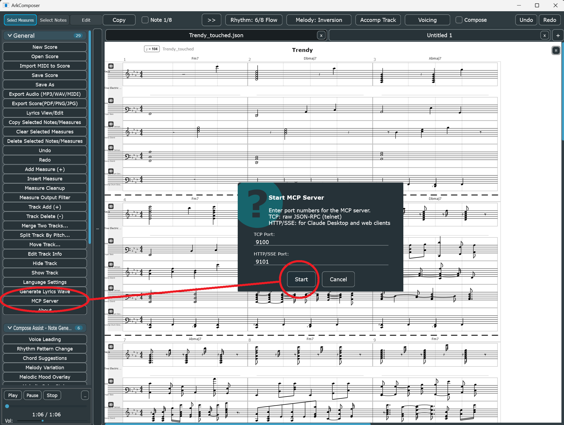 ArkComposer MCP Server dialog showing default ports 9100 and 9101