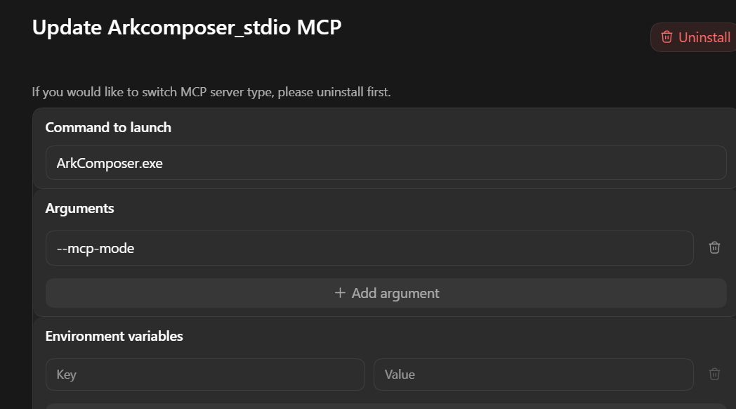 Codex app MCP stdio setup using ArkComposer.exe with --mcp-mode
