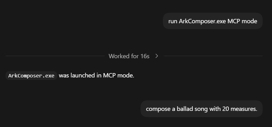Short Codex conversation launching ArkComposer MCP mode and then requesting a 20 measure ballad