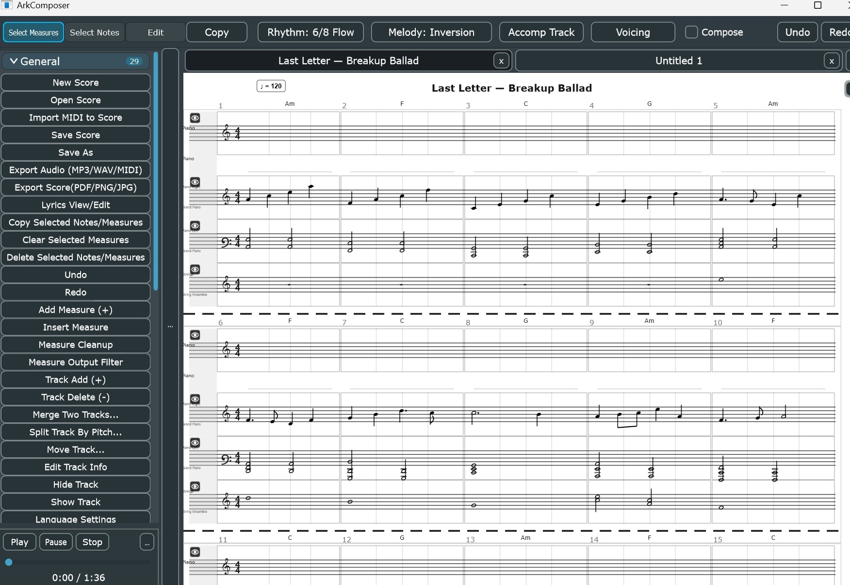 ArkComposer score - Last Letter Breakup Ballad initial result
